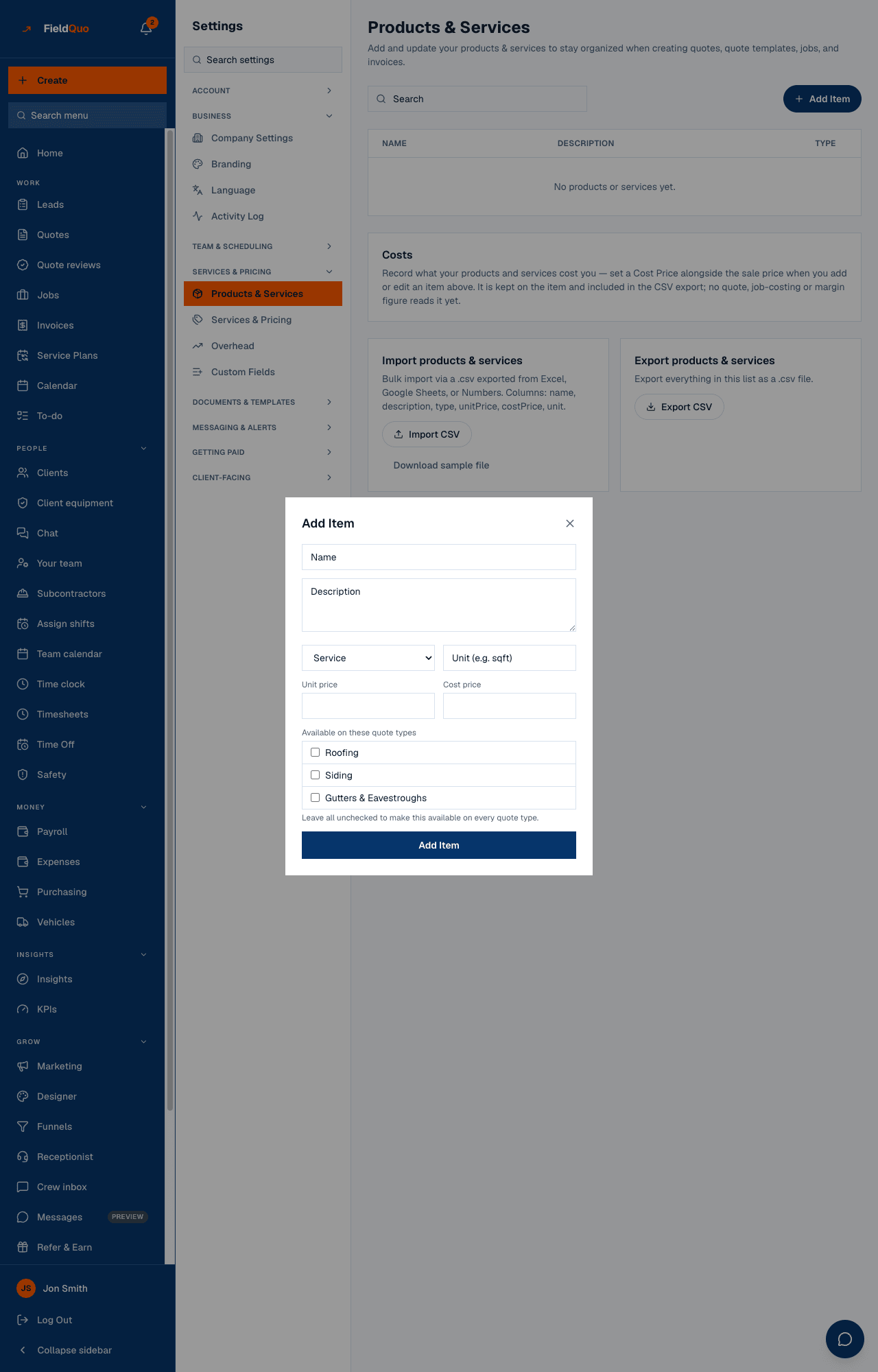 Agregar artículo — nombre, tipo, unidad, precio unitario, precio de costo y los tipos de presupuesto en los que está disponible el artículo.