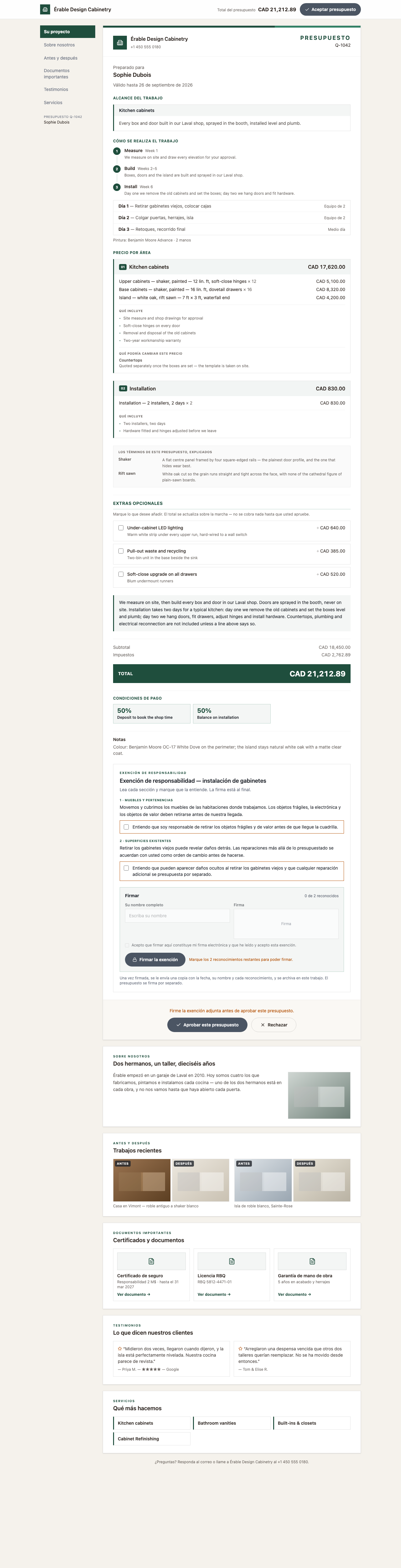 La página de aprobación tal como la ve el cliente — la línea de marca, el logotipo y el teléfono de la empresa, PRESUPUESTO Q-1042, Preparado para, los grupos de trabajo con qué incluye, los términos explicados, Extras opcionales, Cómo se realiza el trabajo, Condiciones de pago, la banda TOTAL, y luego Aprobar este presupuesto y Rechazar.