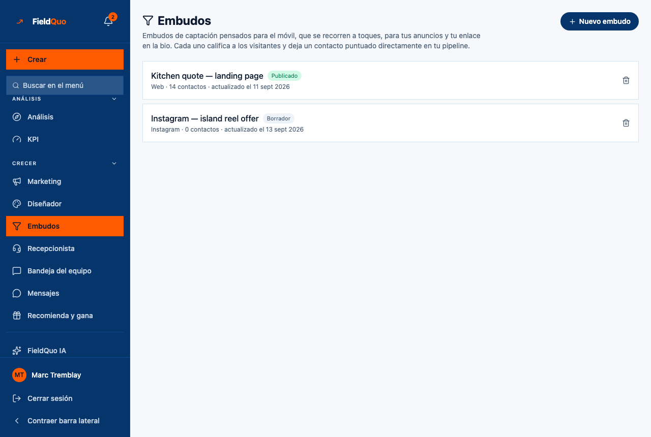 Embudos — un embudo Web publicado con 14 contactos y un borrador de Instagram, cada uno con su canal y su última actualización.