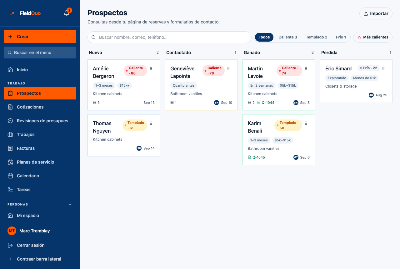 Prospectos — el botón Importar, arriba a la derecha, abre el importador de CSV.