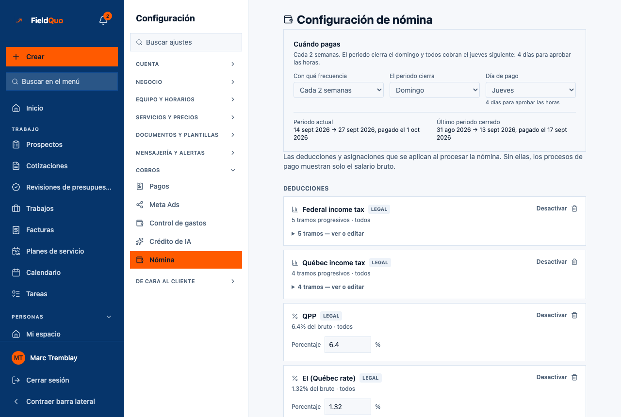 Configuración → Nómina — la tarjeta Cuándo pagas, luego la lista Deducciones con filas legales y la lista Asignaciones e ingresos.