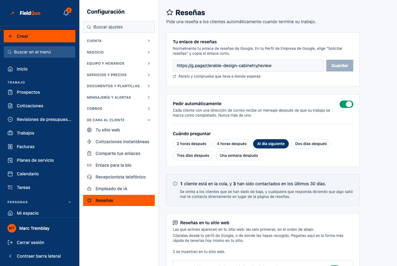 Configuración → Reseñas — la tarjeta Reseñas en tu sitio web con su conteo de publicadas, bajo la configuración de solicitudes de reseña.