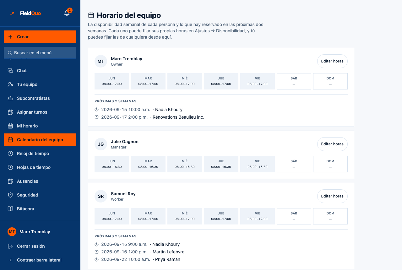 Horario del equipo — una tarjeta por persona, la franja de lunes a domingo de horas reservables, Editar horas, y las próximas dos semanas de reservas.