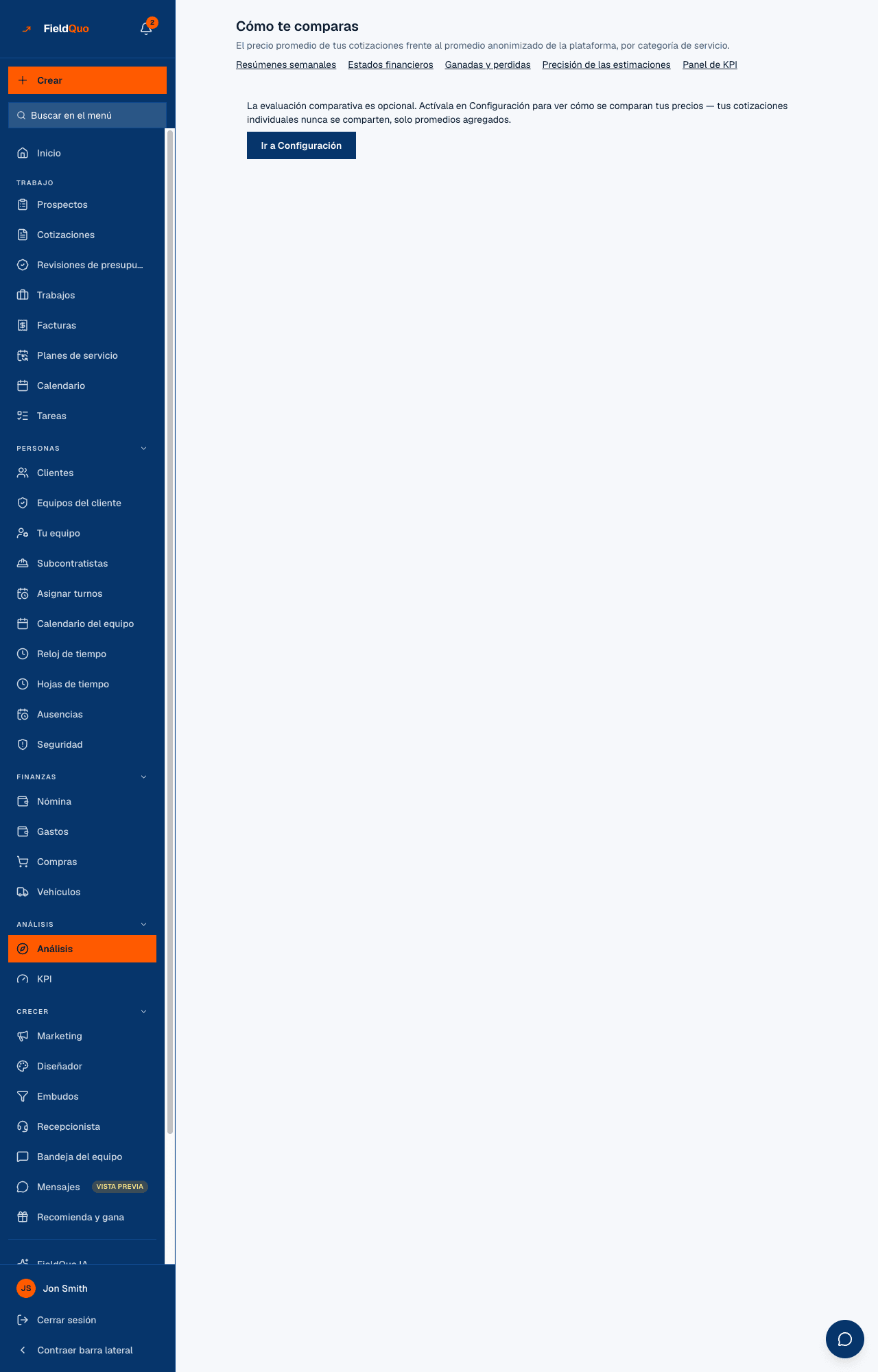 Análisis → Cómo te comparas antes de participar — la nota, el botón Ir a Configuración y los enlaces al resto del grupo.