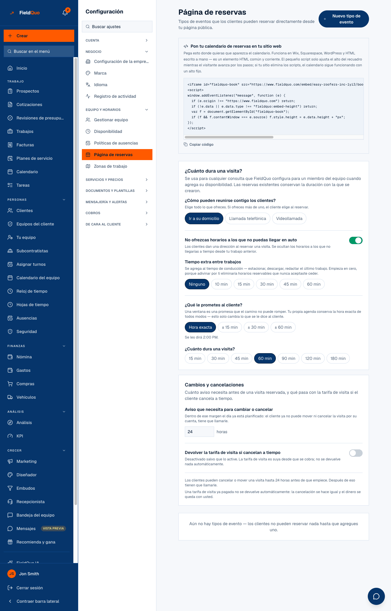 Configuración → Página de reservas — el fragmento para insertar, ¿Cuánto dura una visita?, los modos de reunión, el traslado y la ventana de llegada, Cambios y cancelaciones, y una tarjeta por tipo de evento.