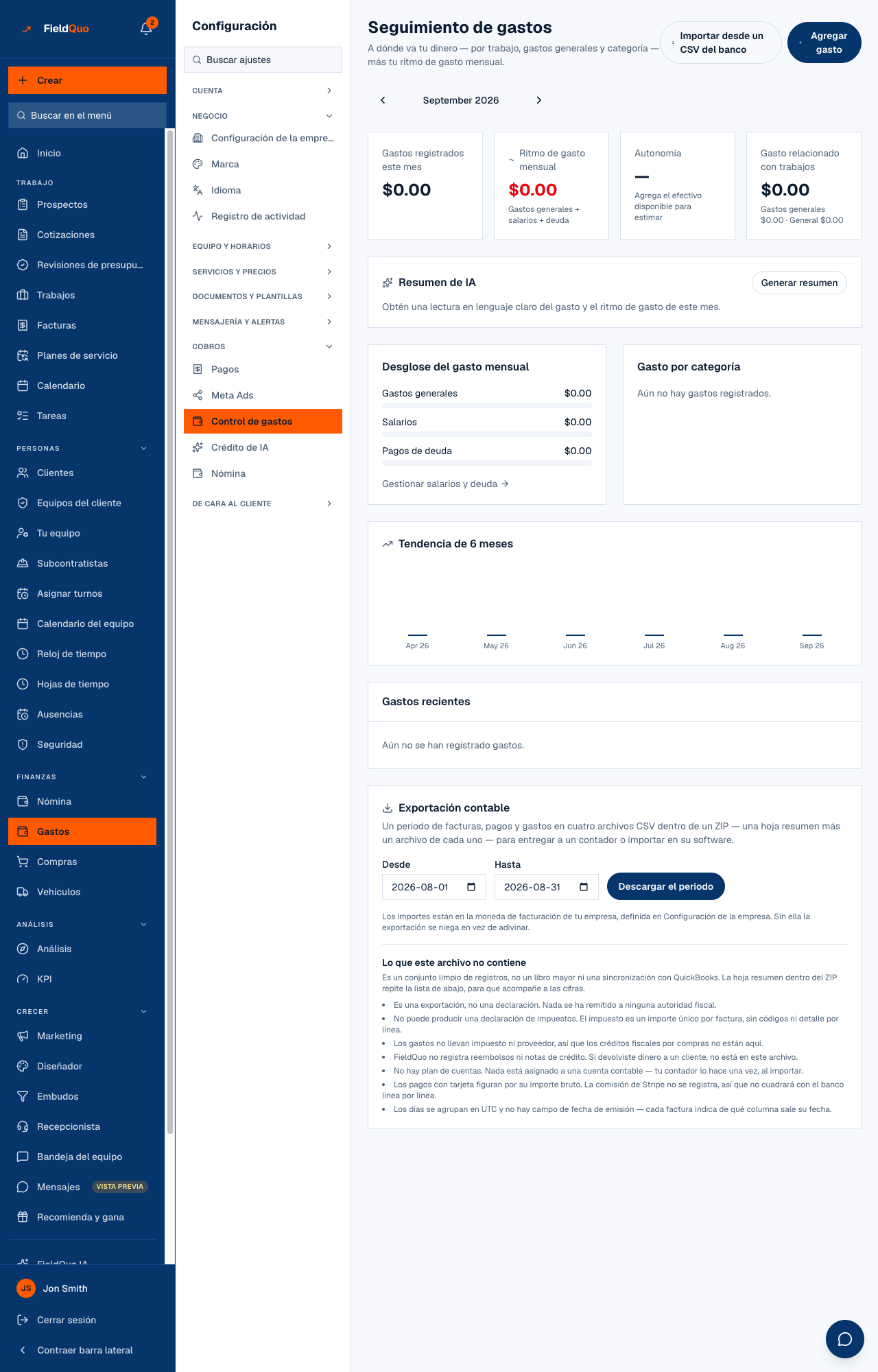 Configuración → Control de gastos — el selector de mes, las cuatro tarjetas, Resumen de IA, los dos desgloses, la Tendencia de 6 meses y Gastos recientes.