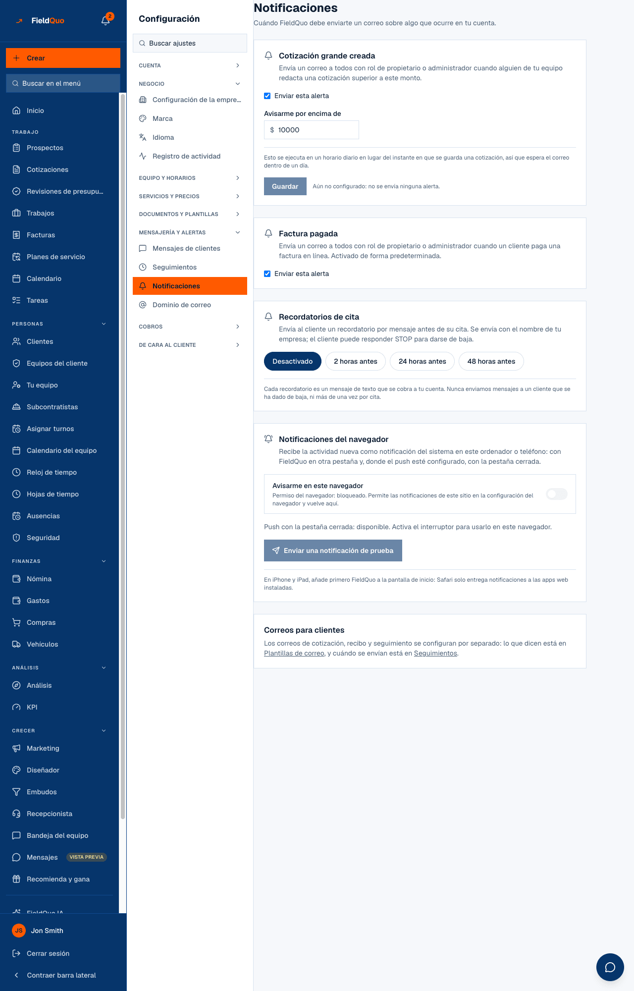 Configuración → Notificaciones — el umbral del presupuesto grande, el interruptor de factura pagada, las antelaciones del recordatorio y la tarjeta del navegador.