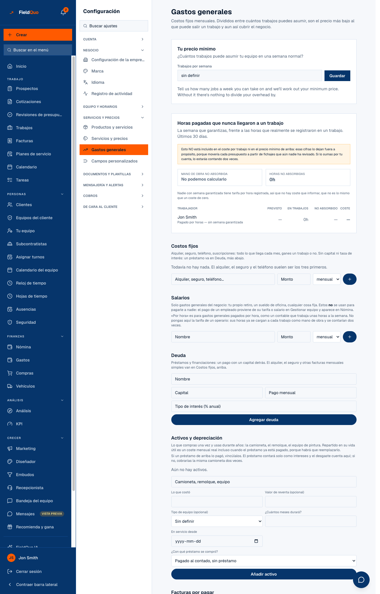 Configuración → Gastos generales — Tu precio mínimo con Trabajos por semana y los cuatro recuadros, luego Horas pagadas que nunca llegaron a un trabajo, y los registros debajo.