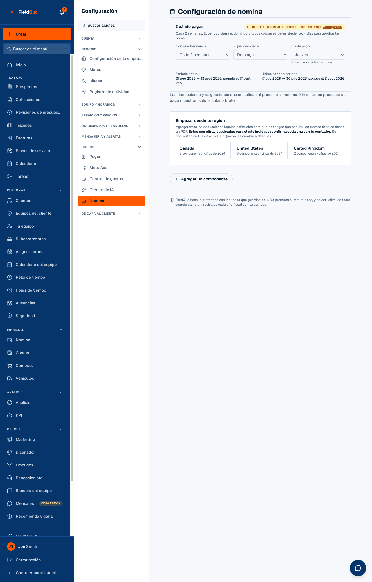 Configuración → Nómina — Cuándo pagas, los puntos de partida regionales, y los componentes de deducciones e ingresos.
