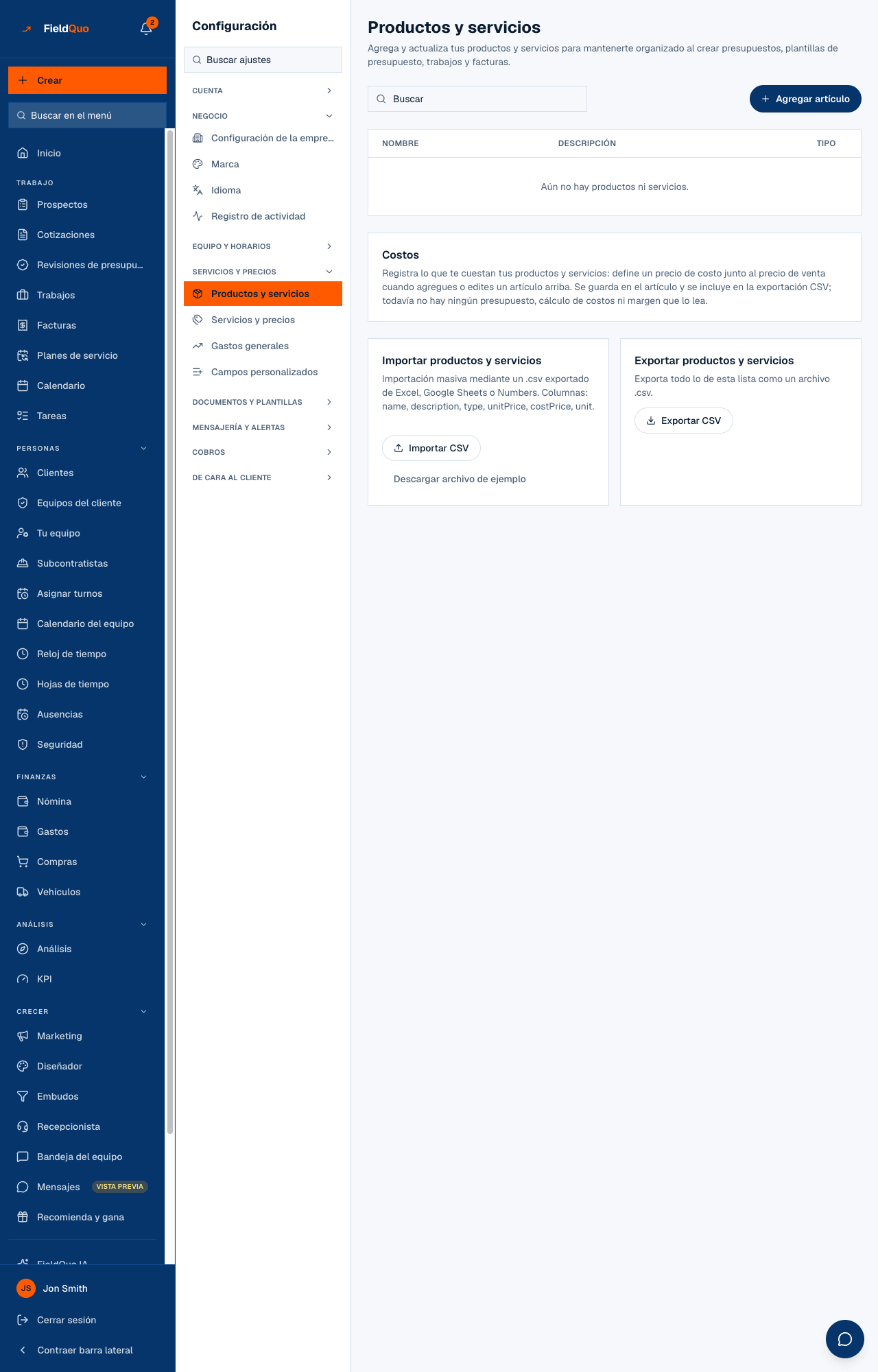 Configuración → Productos y servicios — la lista con búsqueda y Agregar artículo, luego las tarjetas Costos e Importar.