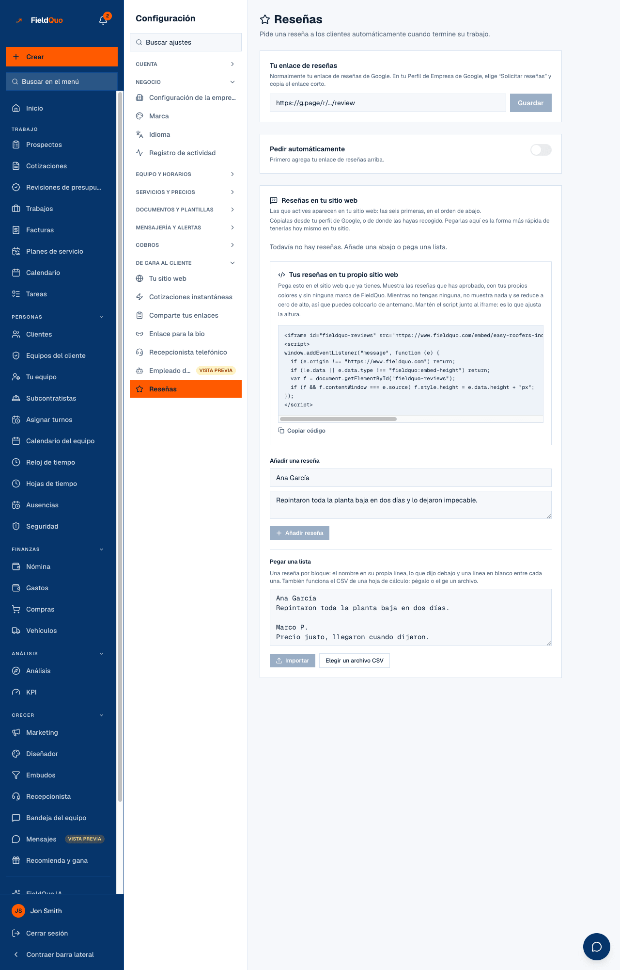 Configuración → Reseñas — Tu enlace de reseñas con Guardar, el interruptor Pedir automáticamente, las fichas de Cuándo preguntar, y Reseñas en tu sitio web debajo.