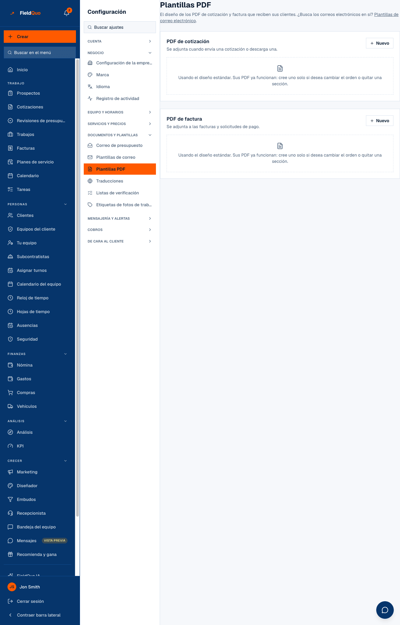 Configuración → Plantillas PDF — las tarjetas PDF de cotización y PDF de factura, cada una con sus diseños y el marcado Activo.