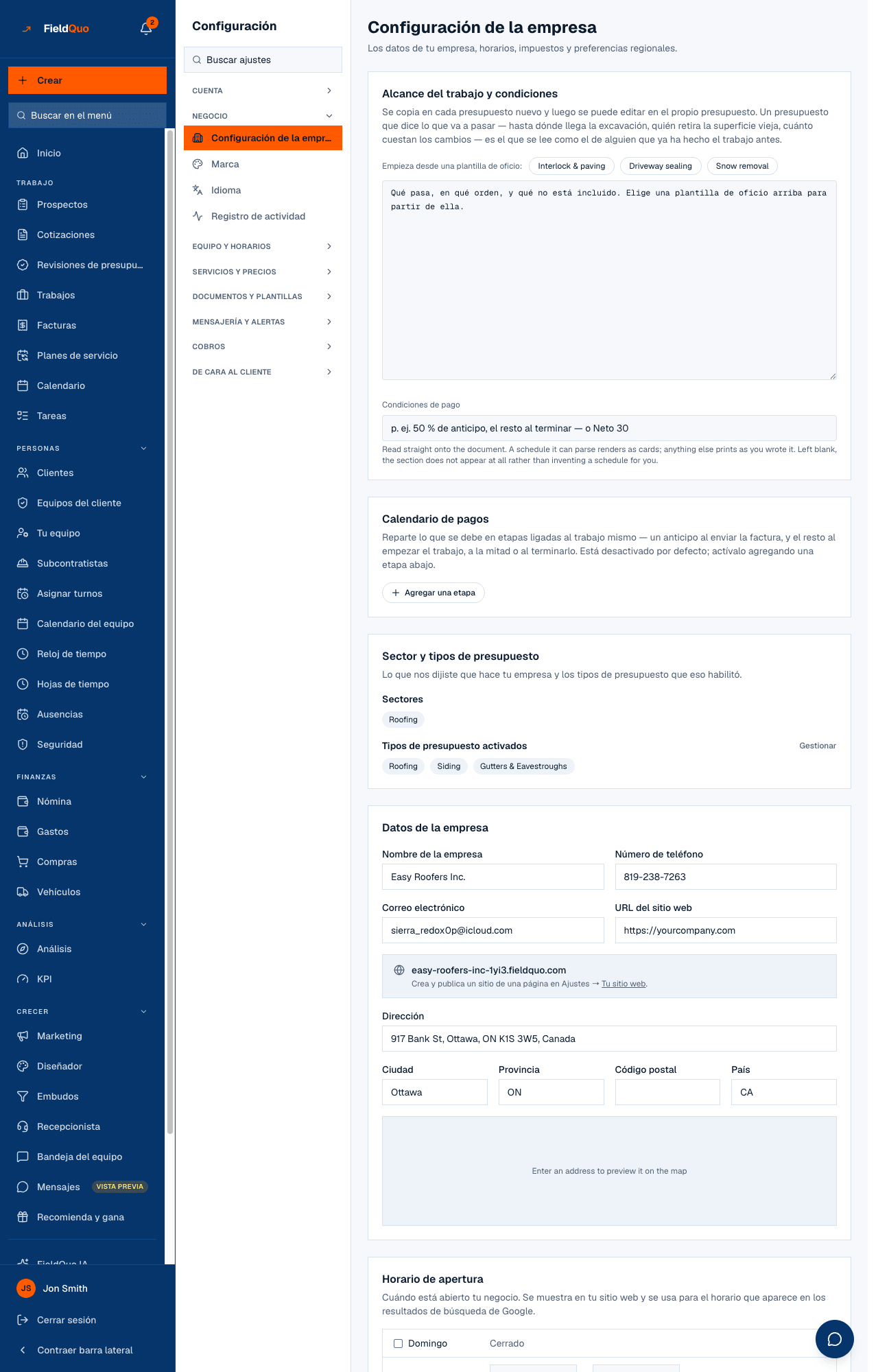 Configuración — los ocho grupos a la izquierda con Negocio abierto, aterrizando en Configuración de la empresa.