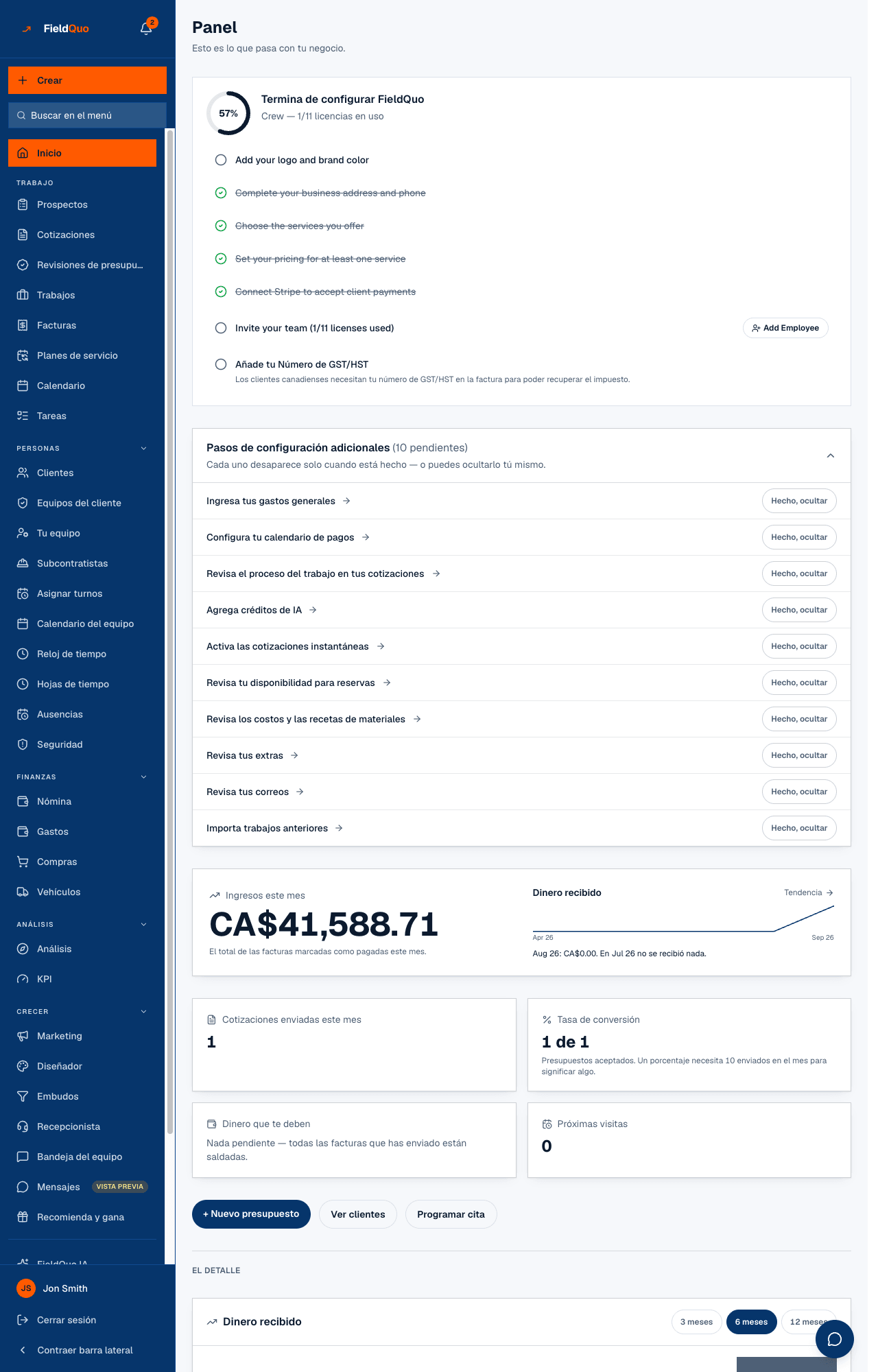Inicio — Pendientes de ti, luego Ingresos este mes con su línea de tendencia, y luego los cuatro recuadros.