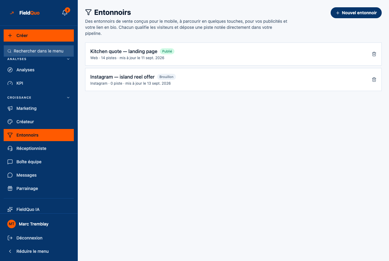 Entonnoirs — un entonnoir Web publié avec 14 pistes et un brouillon Instagram, chacun avec son canal et sa dernière mise à jour.