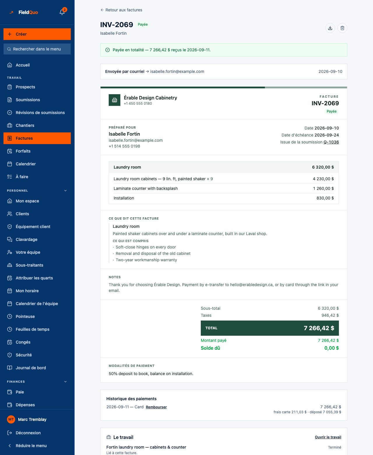 La facture — l'Historique des paiements au bas, où Rembourser se trouve à côté de chaque paiement qui retient encore de l'argent.