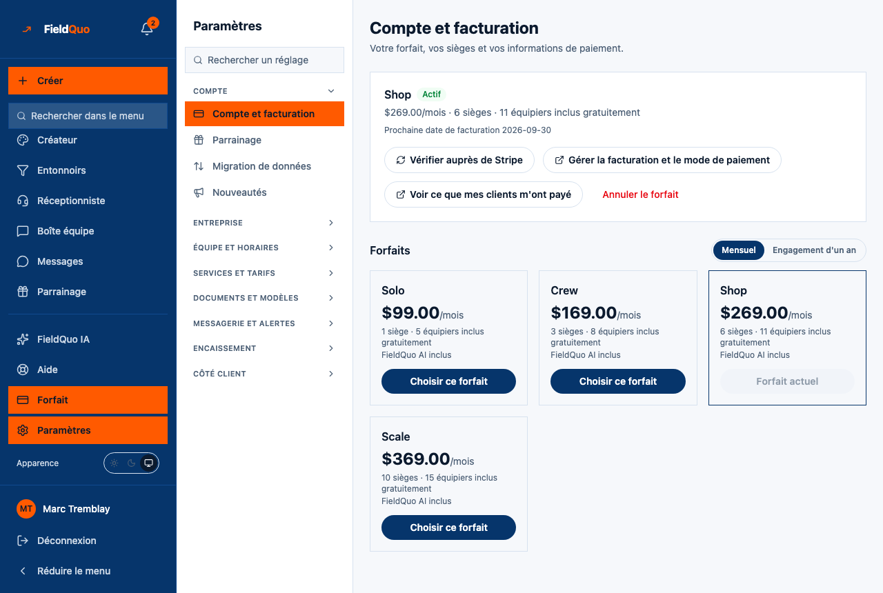 Compte et facturation — l'entreprise est sur Shop; Crew et Solo en dessous sont des descentes, Scale est la seule montée qui reste.