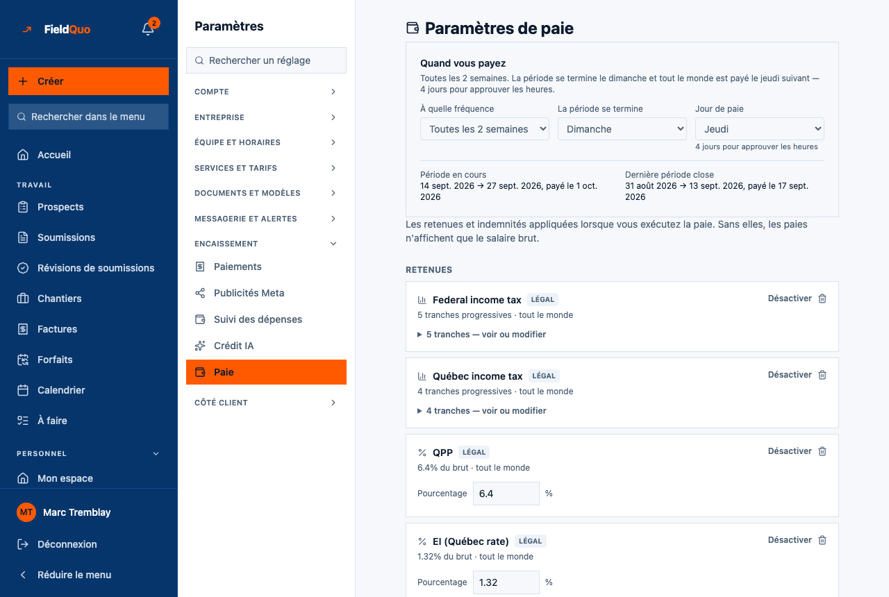 Paramètres → Paie — la carte Quand vous payez, puis la liste Retenues avec des rangées légales et la liste Indemnités et gains.