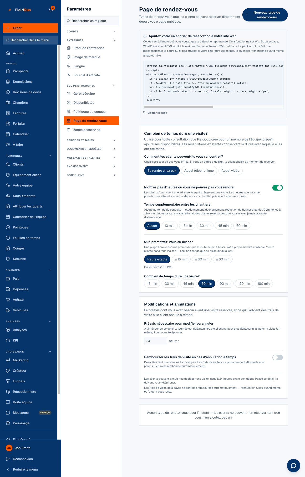 Paramètres → Page de rendez-vous — l'extrait à intégrer, Combien de temps dure une visite?, les modes de rencontre, le déplacement et la fenêtre d'arrivée, Modifications et annulations, et une carte par type de rendez-vous.