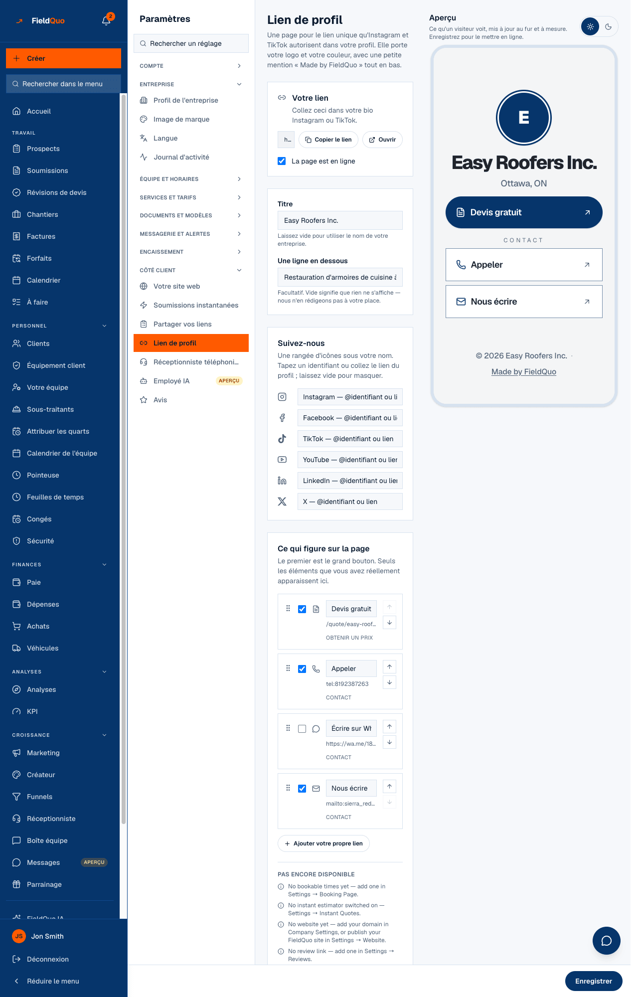 Paramètres → Lien de profil — Votre lien avec Copier le lien et Ouvrir, les cartes Titre et Suivez-nous, les lignes ordonnées sous Ce qui figure sur la page, et l'aperçu téléphone.