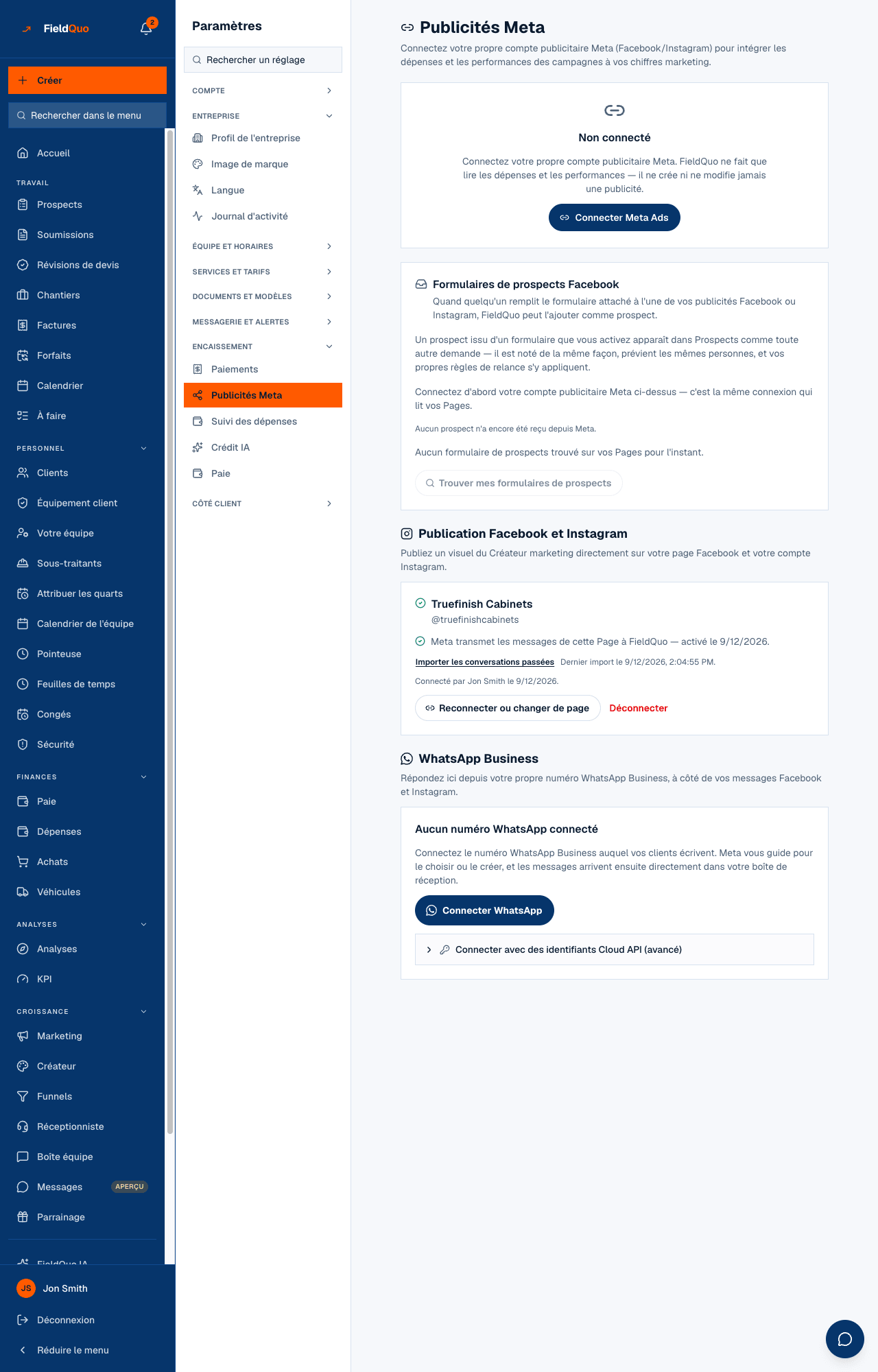 Paramètres → Publicités Meta — le panneau WhatsApp Business se trouve au bas et indique si un numéro peut déjà être connecté.