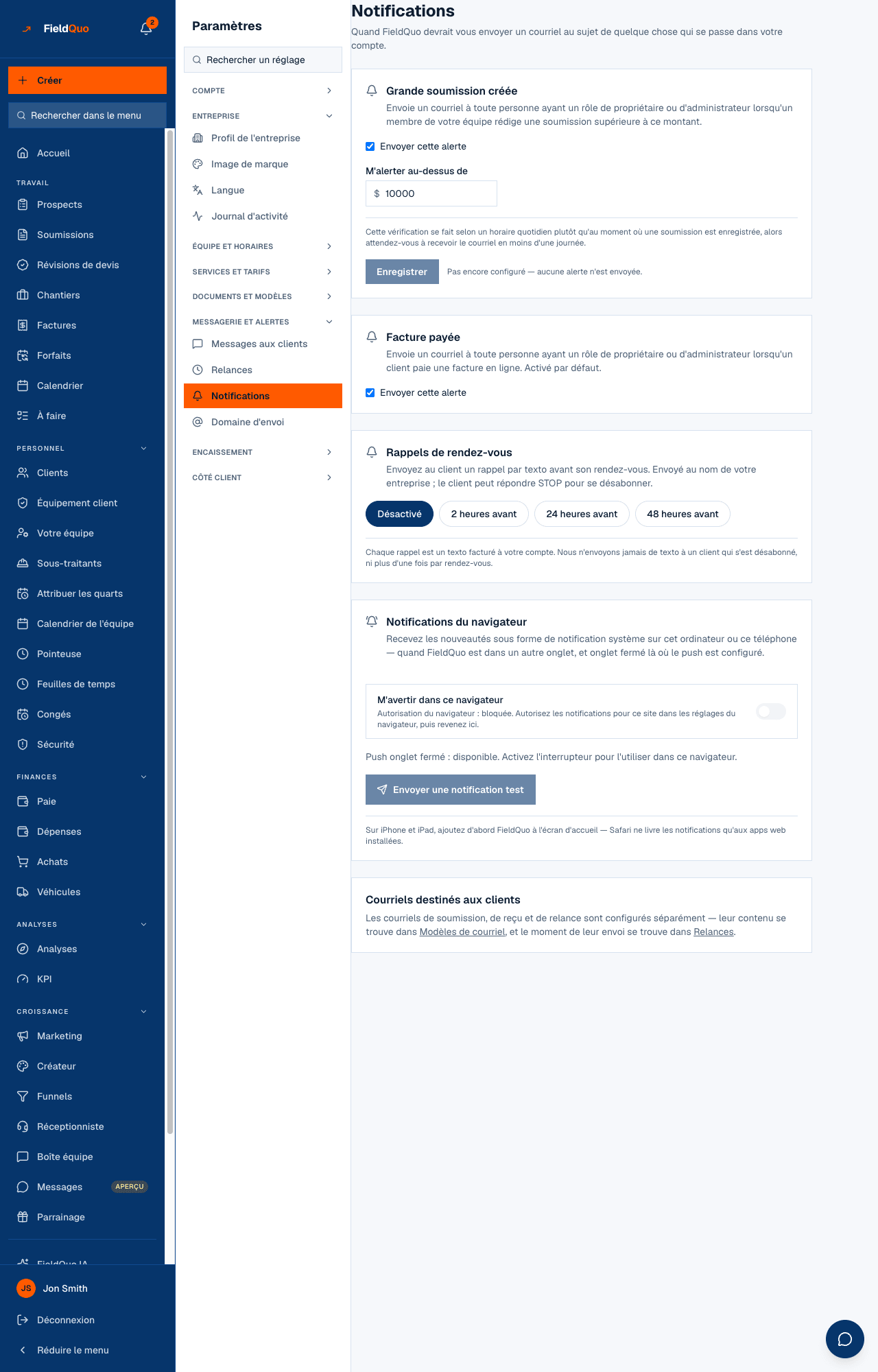 Paramètres → Notifications — le seuil de grande soumission, l'interrupteur de facture payée, les préavis de rappel et la carte du navigateur.