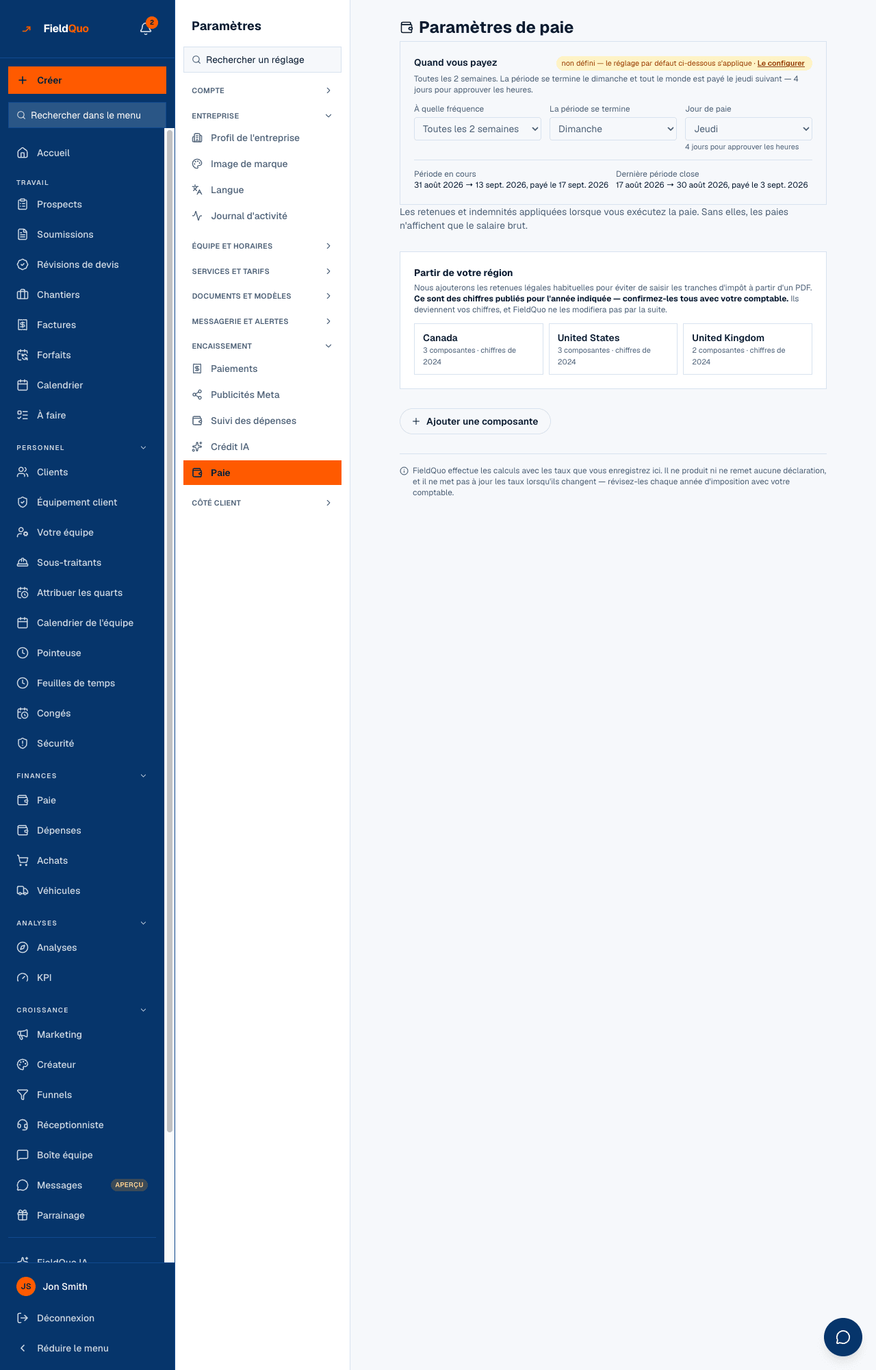 Paramètres → Paie — Quand vous payez, les points de départ régionaux, et les composantes de retenues et de gains.