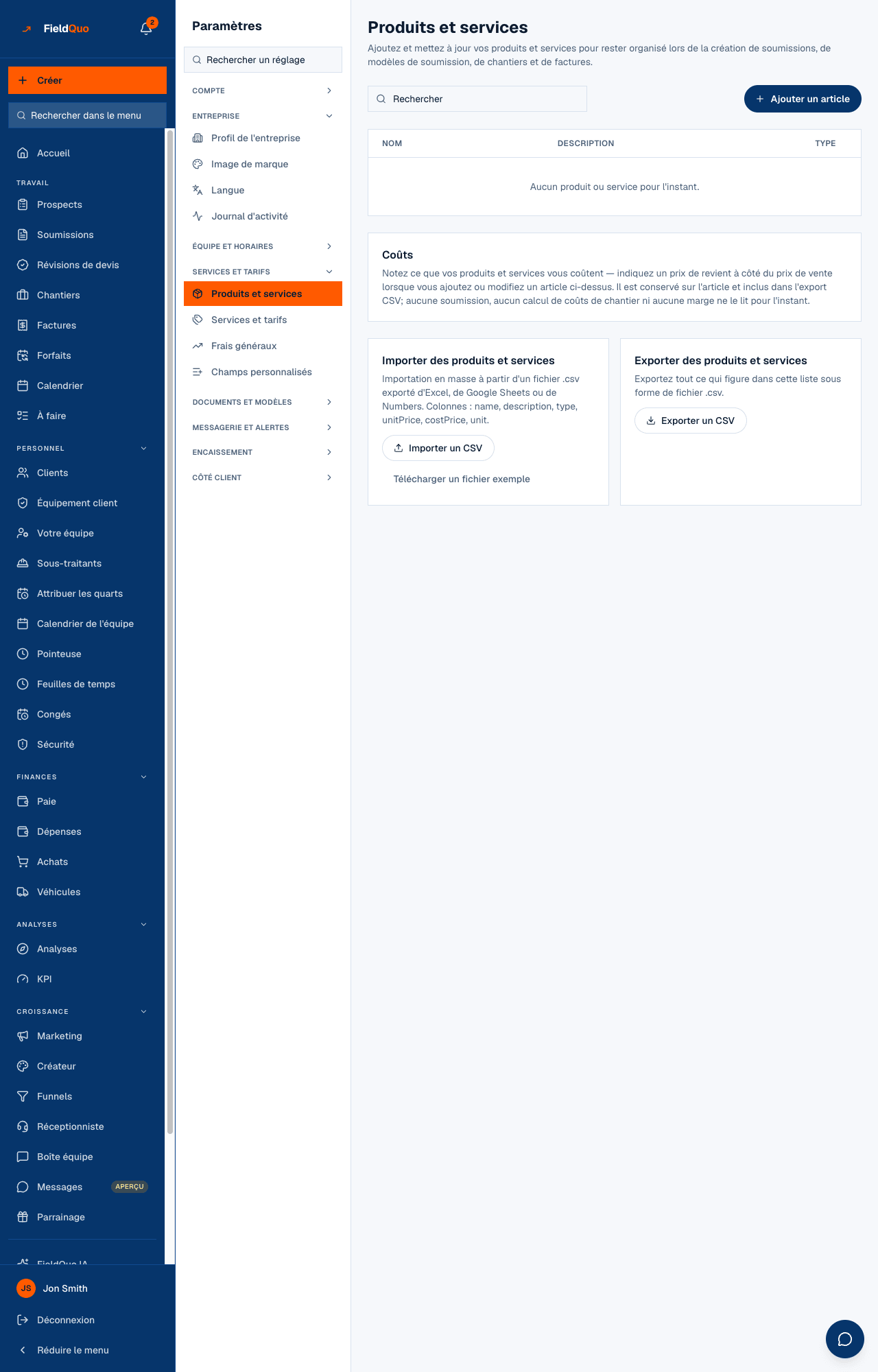 Paramètres → Produits et services — la liste avec recherche et Ajouter un article, puis les cartes Coûts et Importer.