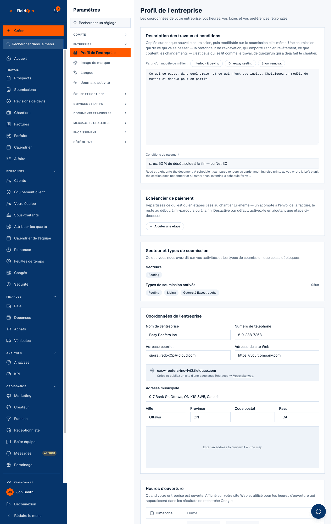 Paramètres — les huit groupes à gauche, Entreprise ouvert, la page d'arrivée étant le Profil de l'entreprise.